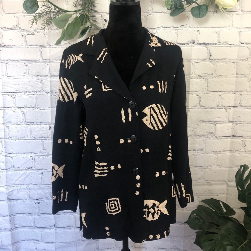 🌙 Michael Taylor black blouse with fish skeletons